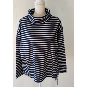 Lands End Women's Petite XL Long Sleeve Waffle Funnel Neck Top Blue White Stripe